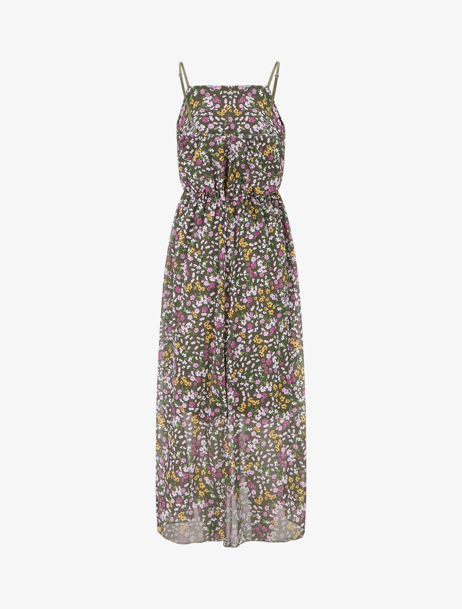 Robe longue fleurie à fines bretelles - Kaki - 2