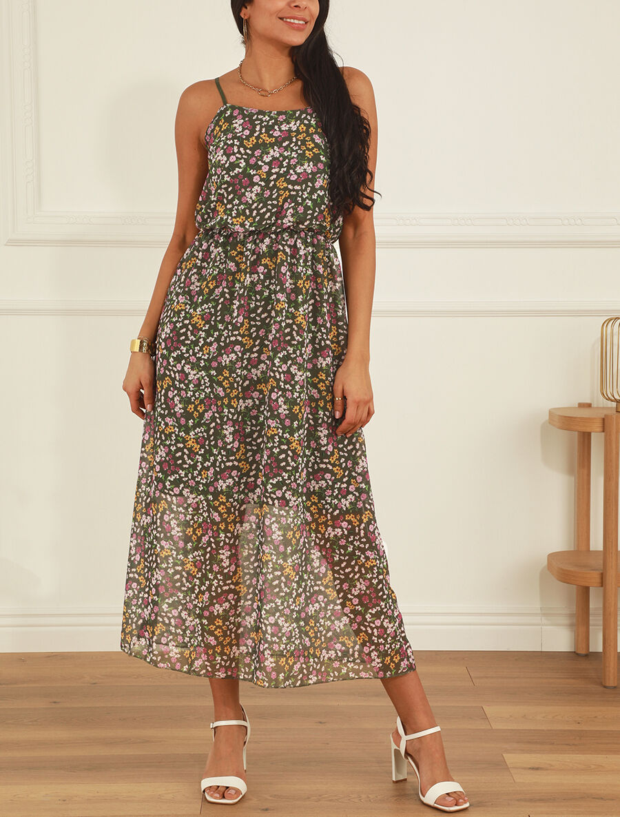 Robe longue fleurie à fines bretelles - Kaki - 4