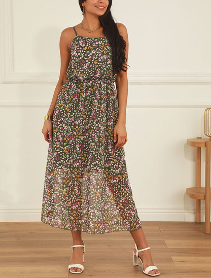 Robe longue fleurie à fines bretelles - Kaki - 4