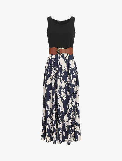 Robe longue sans manches imprimé fleurs - Marine - 1