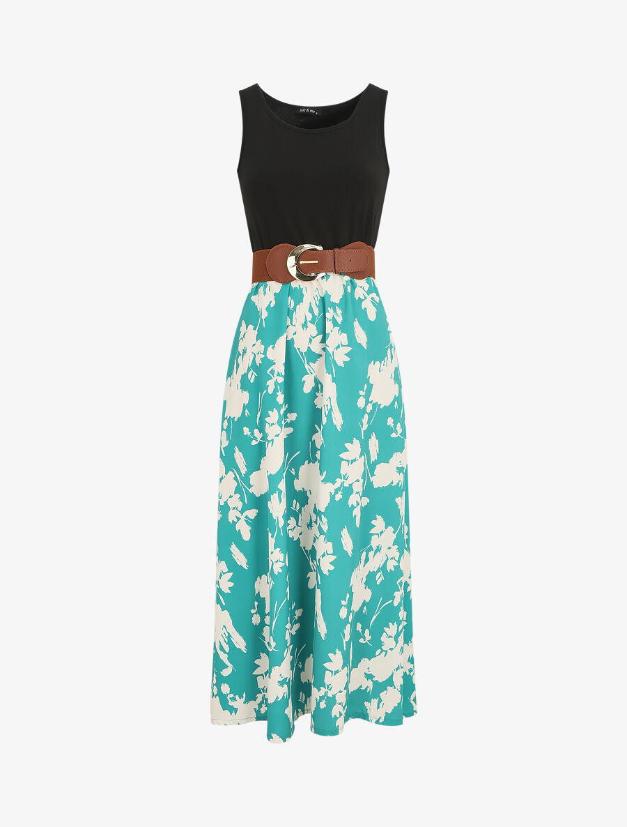 Robe longue sans manches imprimé fleurs - Turquoise - 1