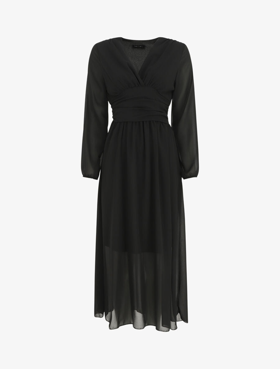 Robe longue élastiquée à col cache-coeur - Noir - 1