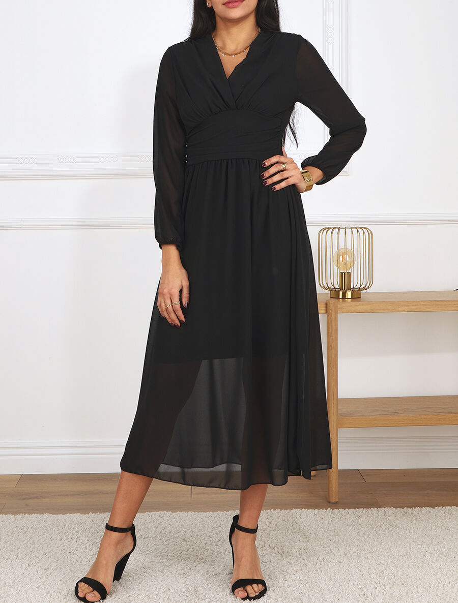 Robe longue élastiquée à col cache-coeur - Noir - 4