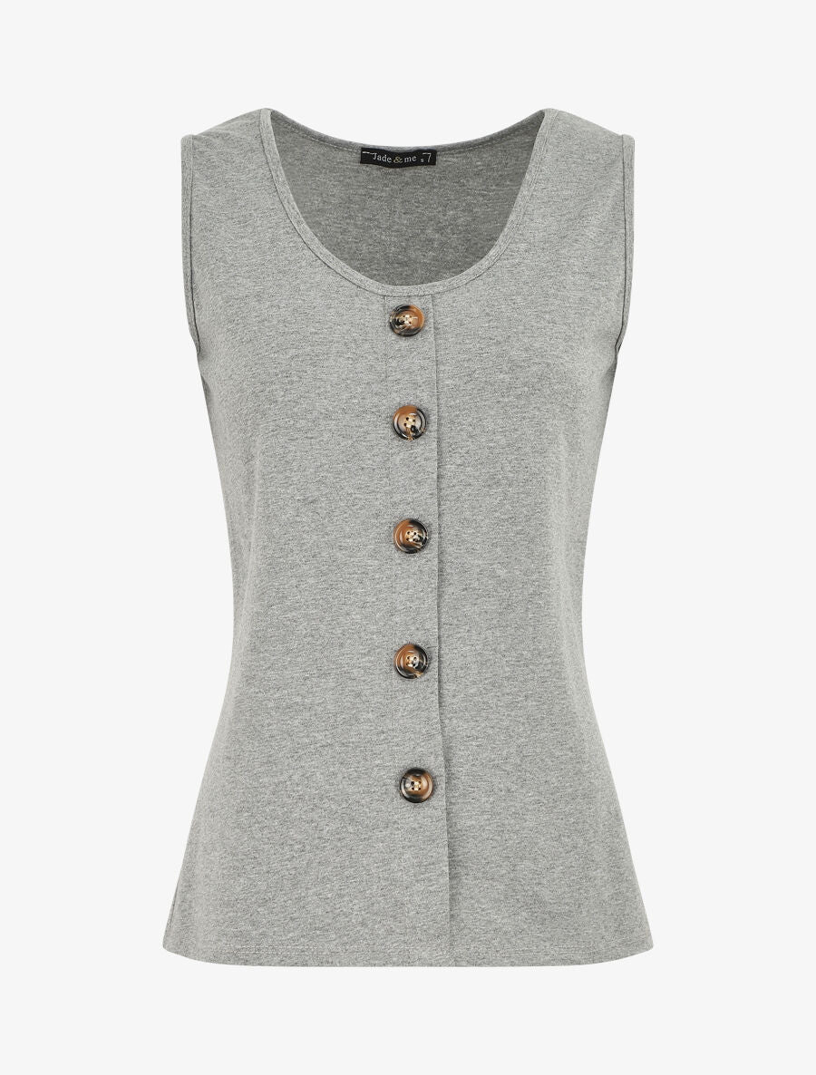 Top uni sans manches et boutons décoratifs - Gris - 1