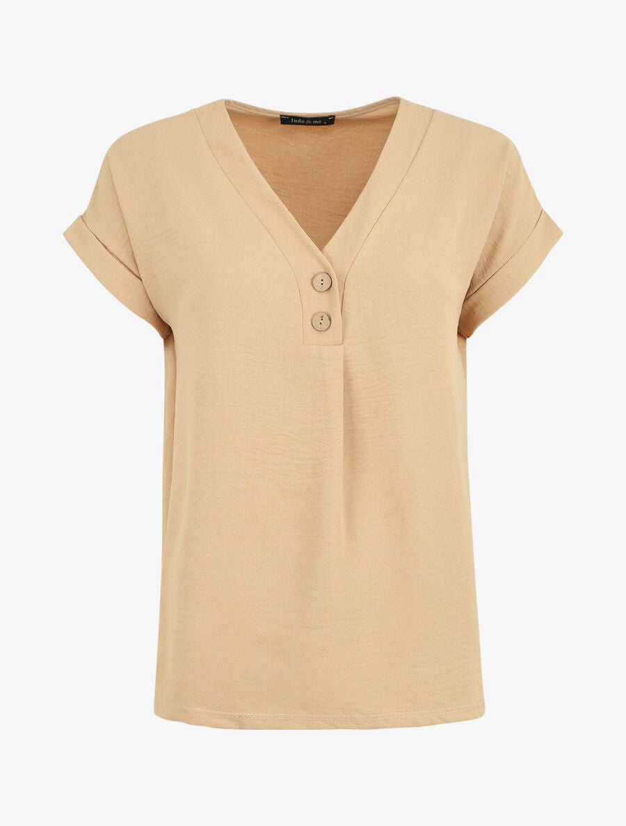 Top fluide uni manches courtes - Beige - 1