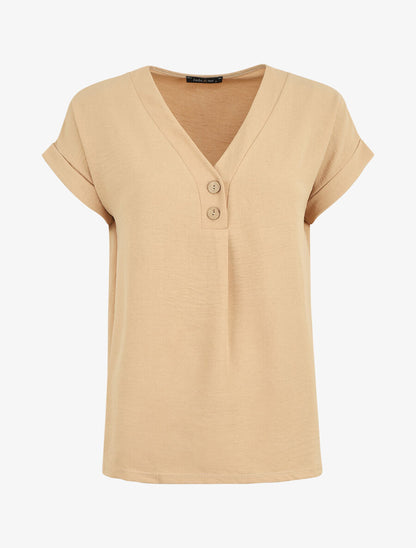 Top fluide uni manches courtes - Beige - 1