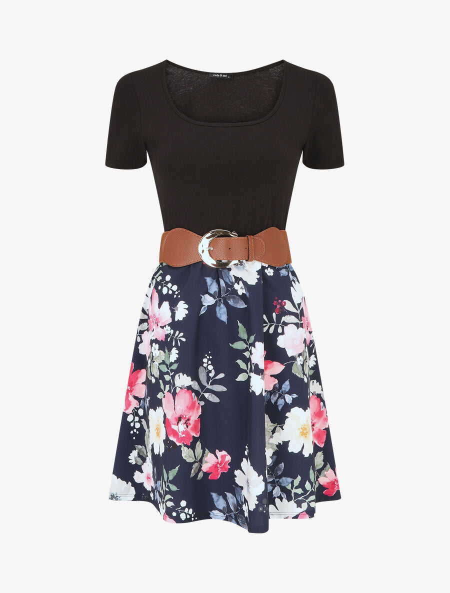 Robe mi-longue à imprimé fleuri - Marine - 1