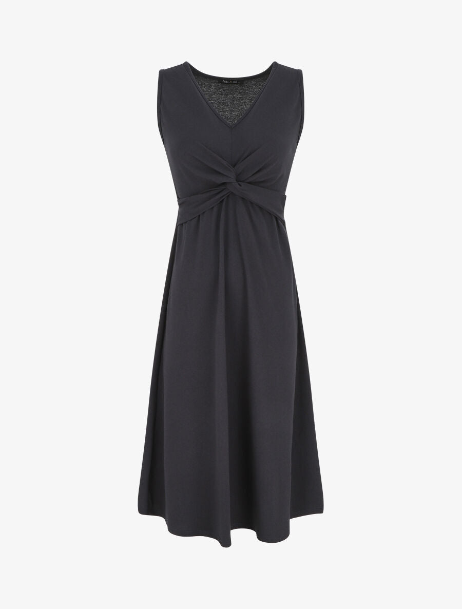 Robe longue unie à col V - Marine - 1