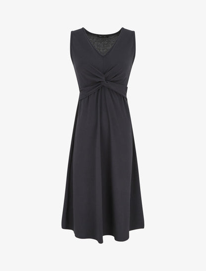 Robe longue unie à col V - Marine - 1