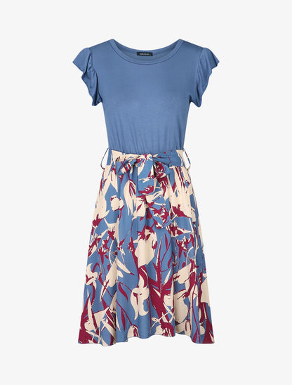 Robe évasée bi-matière imprimé graphique - Bleu - 4