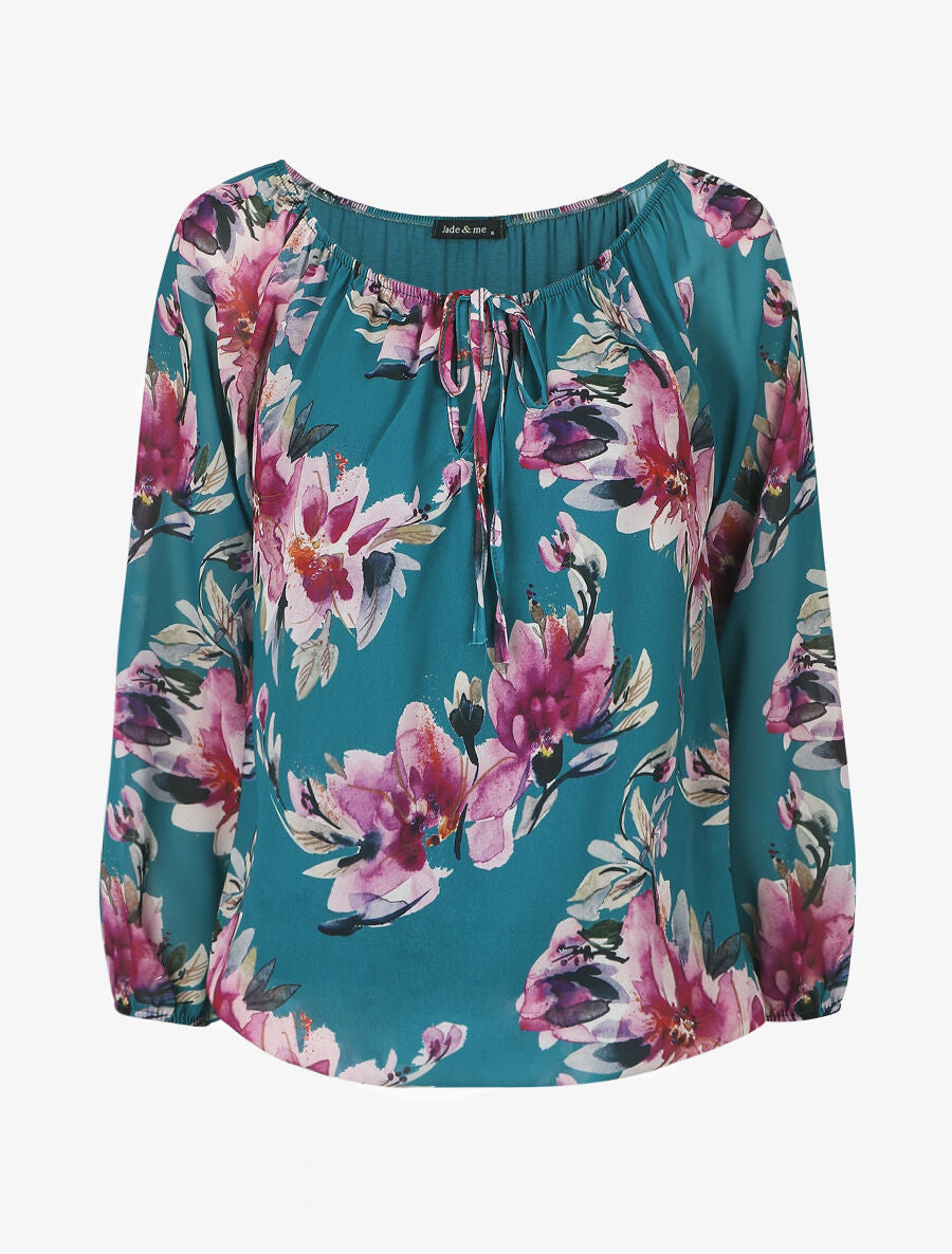 Blouse manches longues imprimé floral - Bleu canard - 4