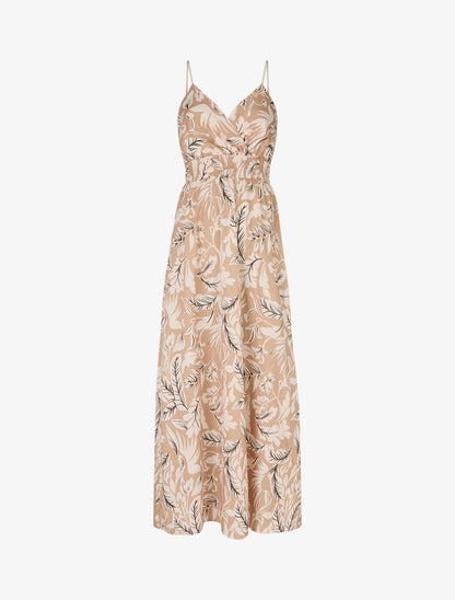 Robe longue à bretelles imprimé feuilles - Beige - 1