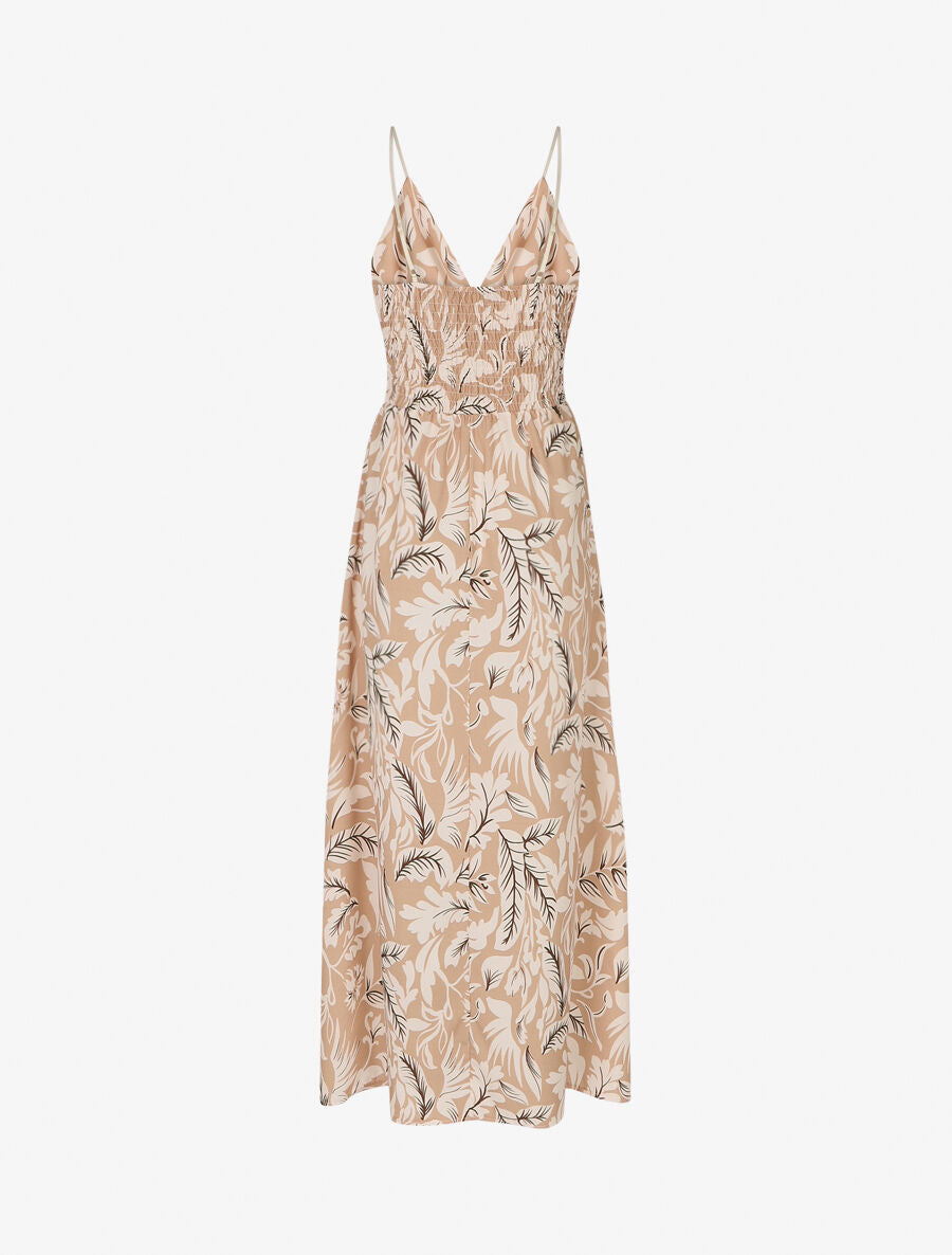 Robe longue à bretelles imprimé feuilles - Beige - 2