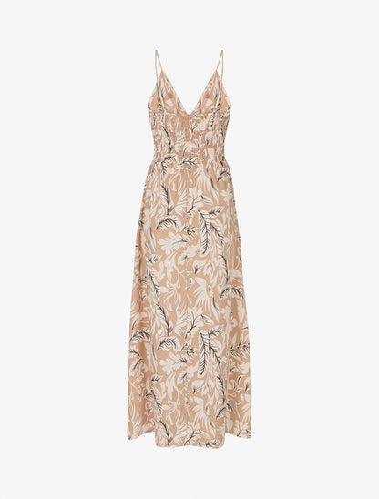 Robe longue à bretelles imprimé feuilles - Beige - 2