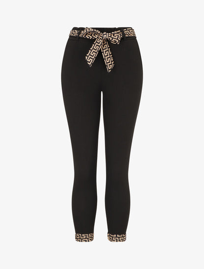 Pantalon slim taille haute à revers motif grec - Noir - 1