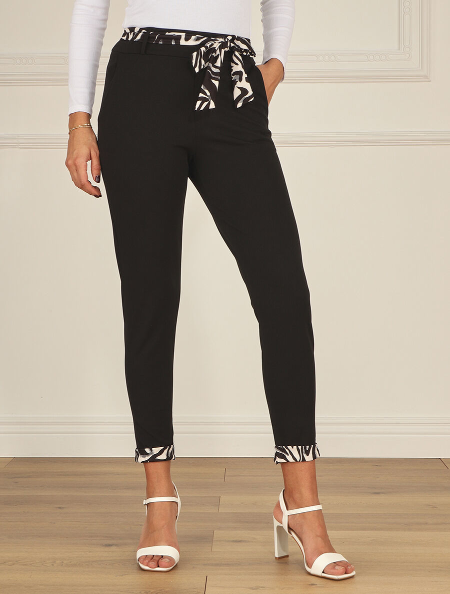 Pantalon slim taille haute à revers imprimé zèbre - Noir - 4
