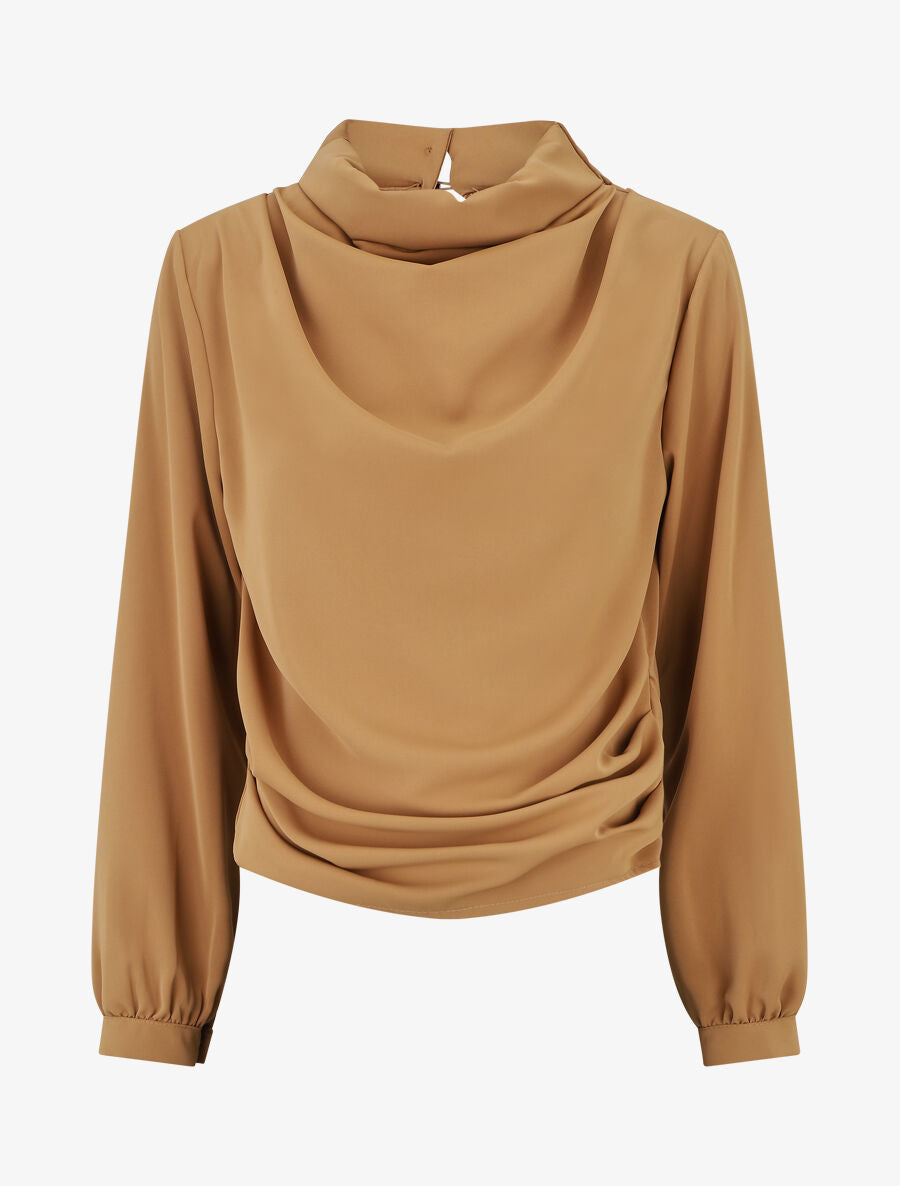 Blouse unie à col bénitier montant - Camel - 4