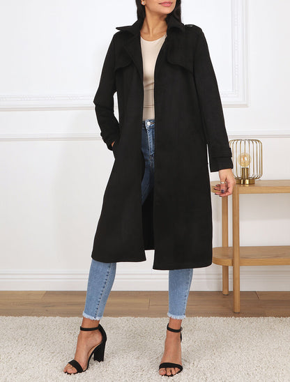 Trench long uni en suédine - Noir - 4