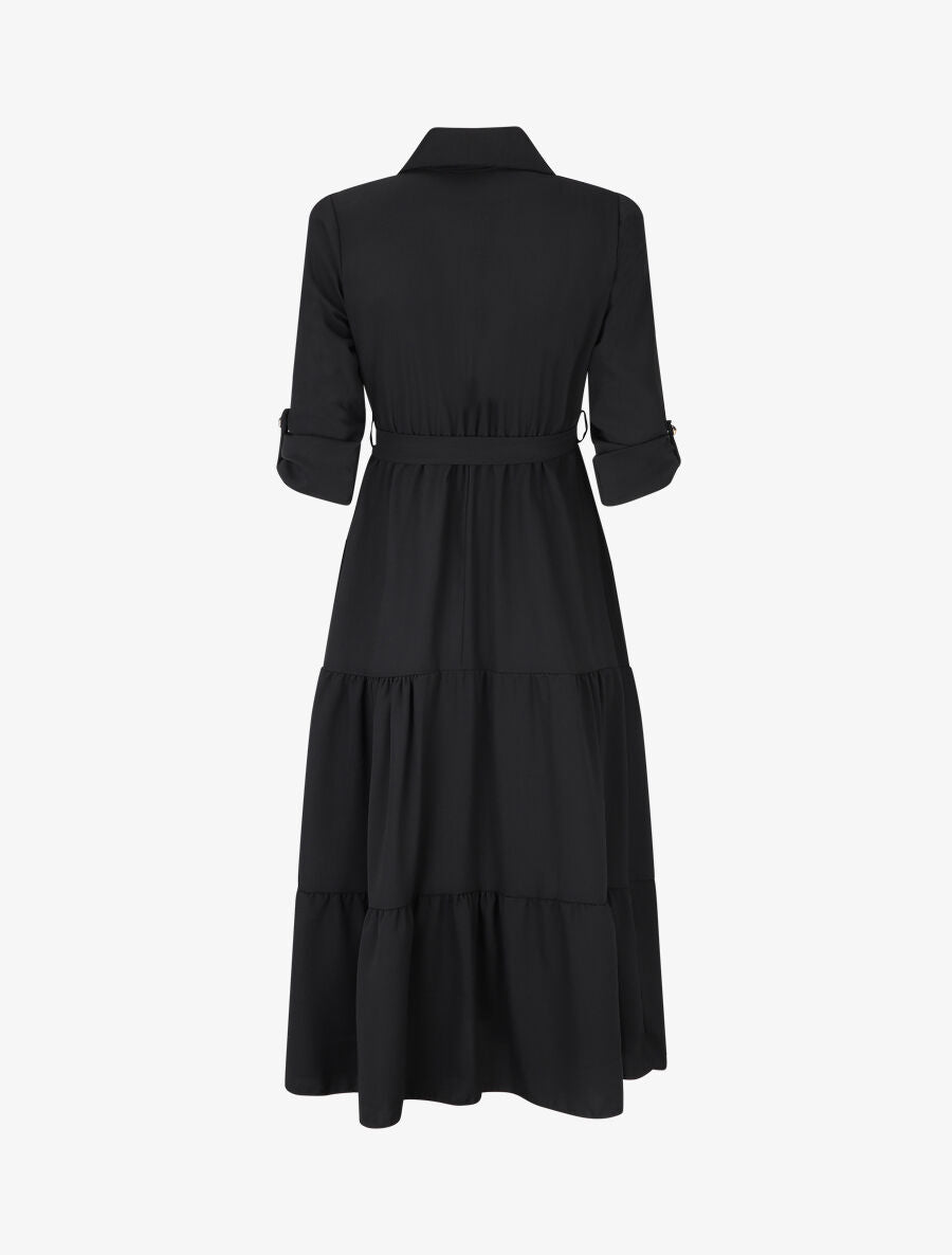 Robe longue à manches longues retroussables - Noir - 2