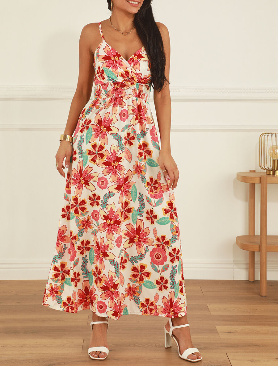 Robe longue imprimé fleurs des îles - Crème - 4