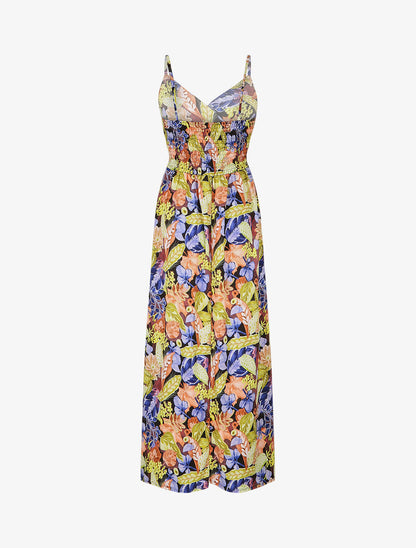 Robe longue imprimé fleuri à taille élastiquée - Noir - 2