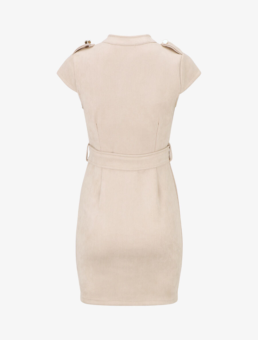 Robe courte ceinturée en suédine - Beige - 2