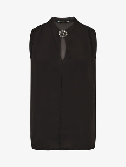 Blouse unie en voile à détail bijoux - Noir - 4