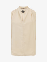 Blouse unie en voile à détail bijoux - Beige - 1