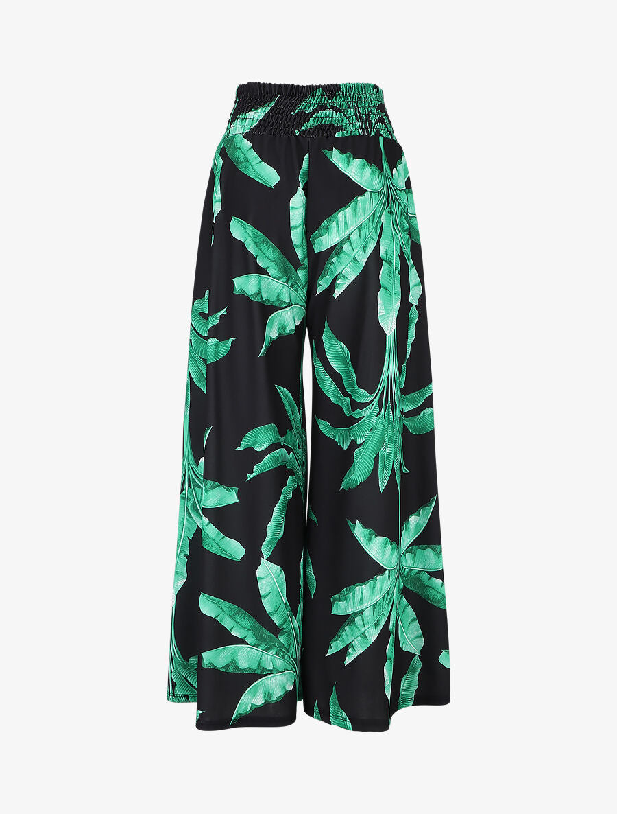 Pantalon ample élastiqué à imprimé feuilles - Noir - 2