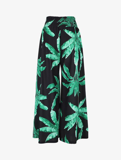 Pantalon ample élastiqué à imprimé feuilles - Noir - 2