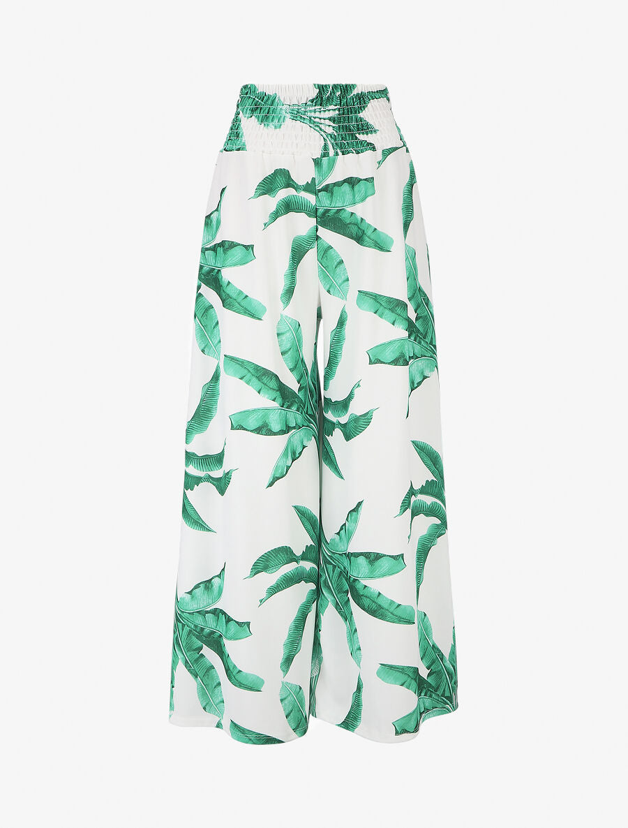 Pantalon ample élastiqué à imprimé feuilles - Blanc - 1