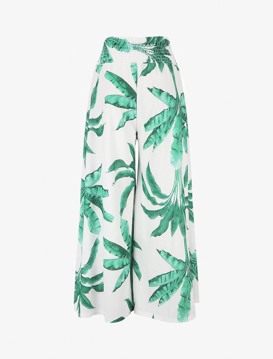 Pantalon ample élastiqué à imprimé feuilles - Blanc - 2