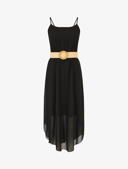 Robe longue unie à taille élastiquée - Noir - 4