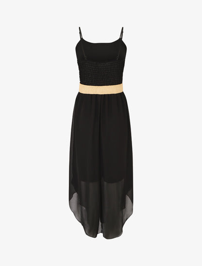 Robe longue unie à taille élastiquée - Noir - 2