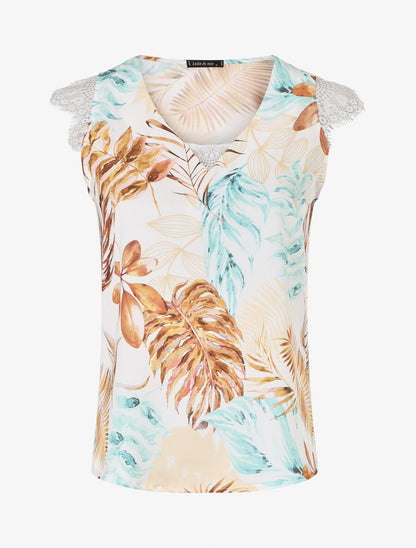 Top en dentelle imprimé feuillage - Camel - 5