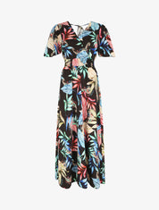 Robe longue imprimé fleuri à manches courtes - Noir - 1