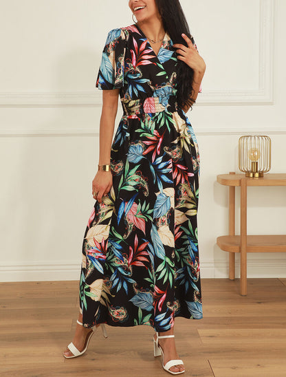 Robe longue imprimé fleuri à manches courtes - Noir - 4