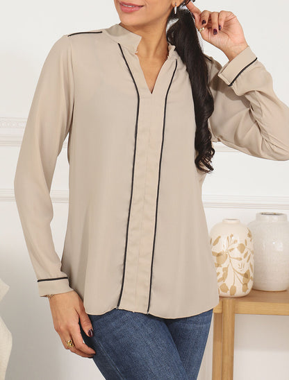 Blouse en voile à col V - Beige - 4