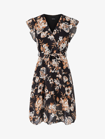 Robe à imprimé fleuri et manches courtes volantées - Noir - 1