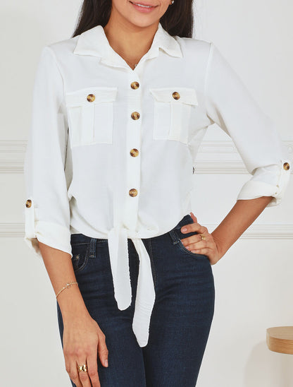 Blouse à nouer et manches retroussables - Blanc - 4