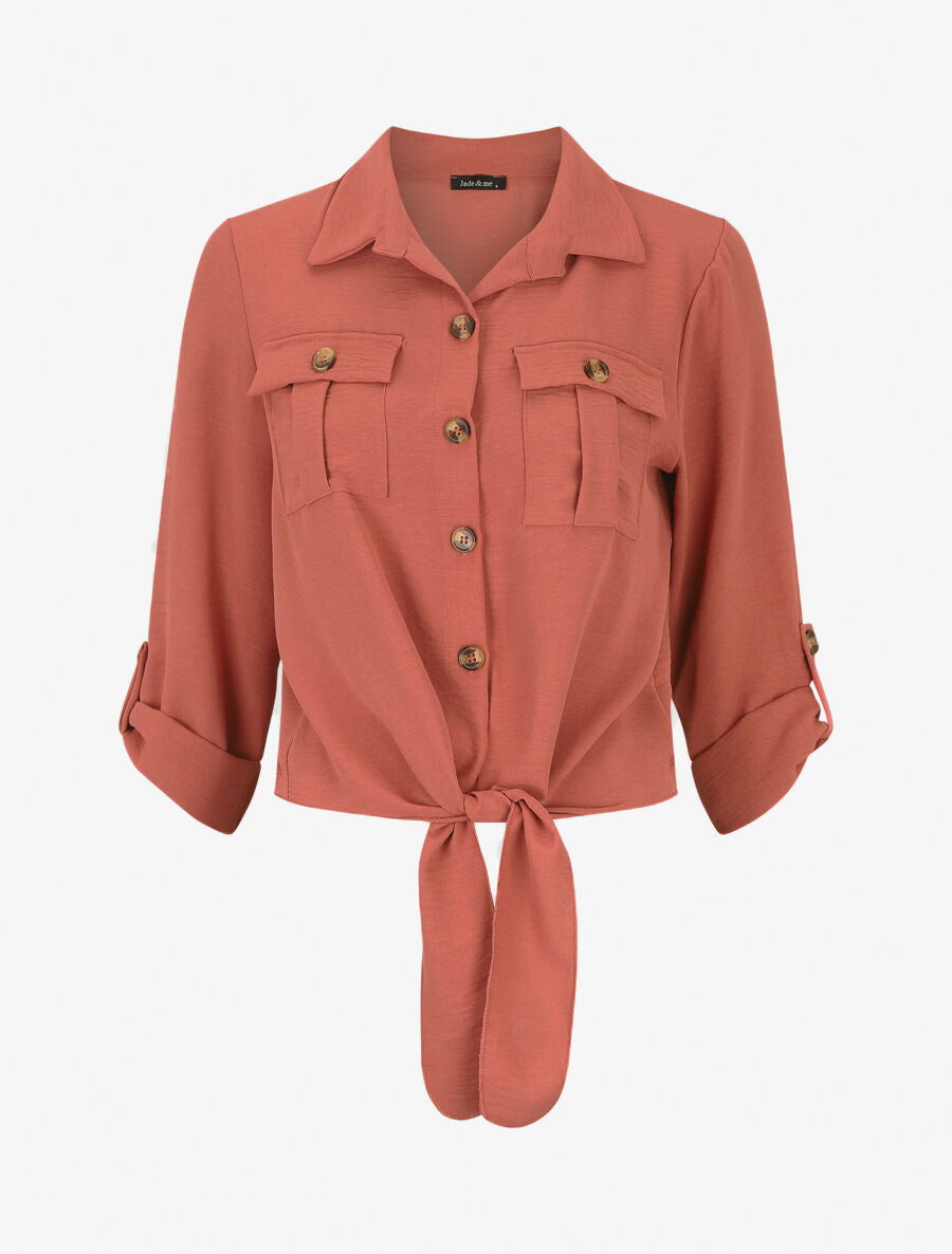 Blouse à nouer et manches retroussables - Corail - 1