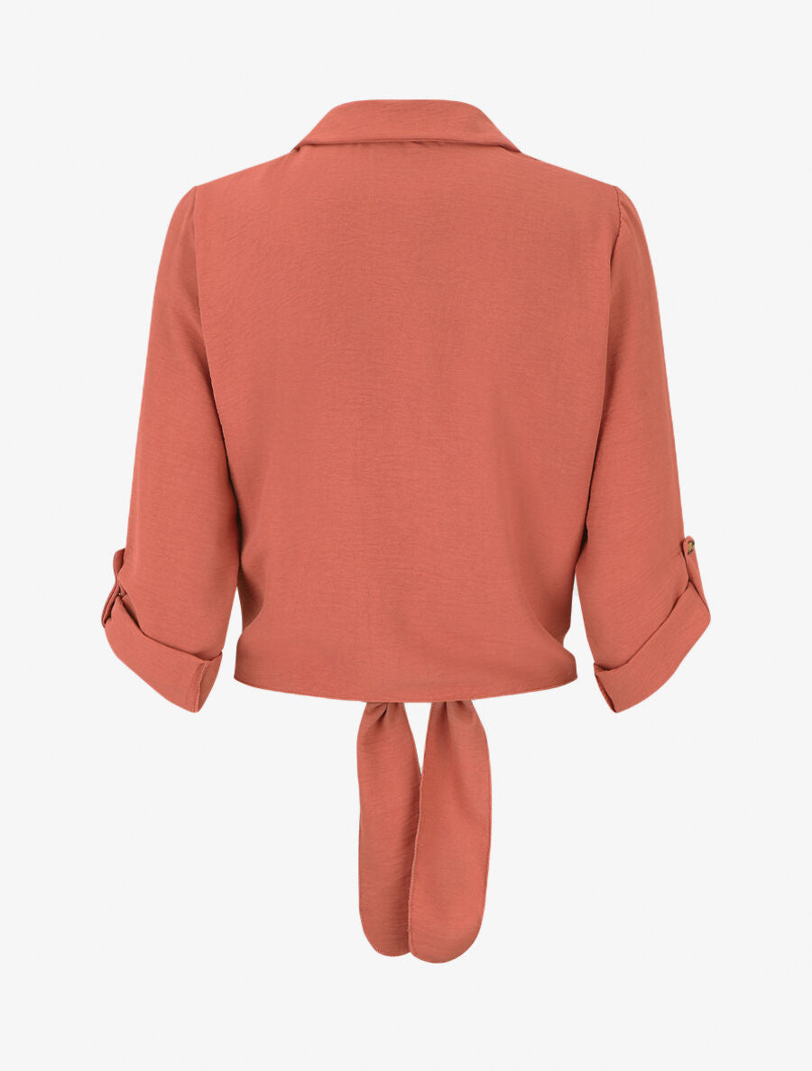 Blouse à nouer et manches retroussables - Corail - 2