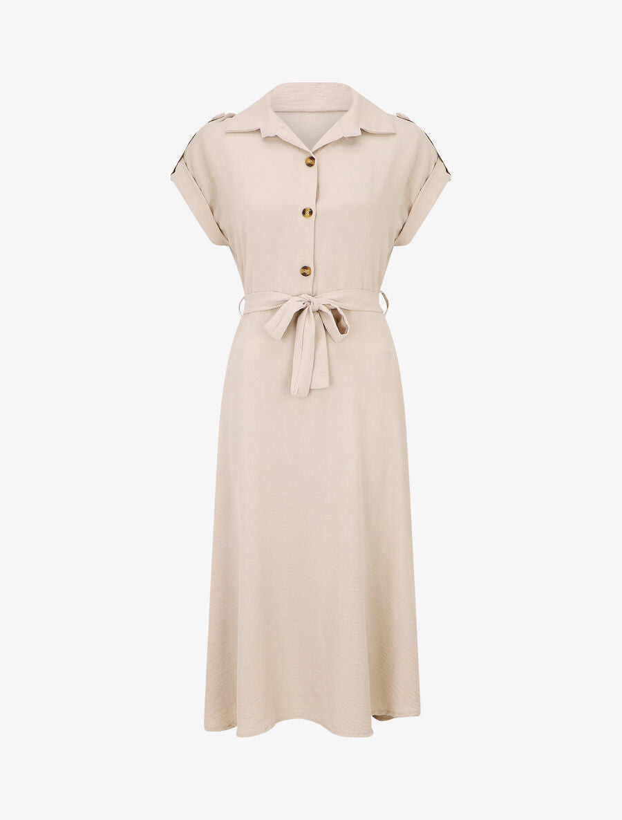 Robe longue fluide à manches courtes - Beige - 1