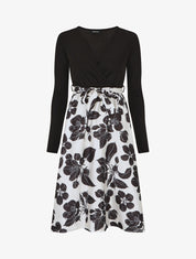Robe mi-longue bi-matière imprimé grandes fleurs - Noir - 4