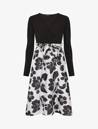 Robe mi-longue bi-matière imprimé grandes fleurs - Noir - 4