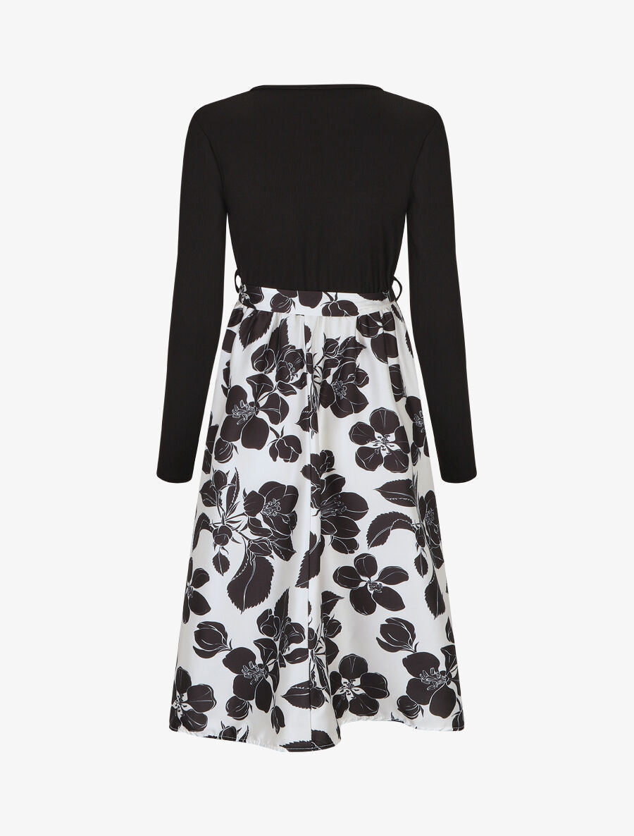 Robe mi-longue bi-matière imprimé grandes fleurs - Noir - 2