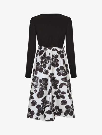 Robe mi-longue bi-matière imprimé grandes fleurs - Noir - 2