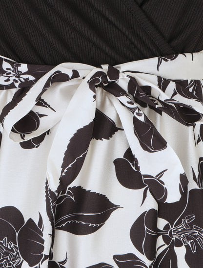 Robe mi-longue bi-matière imprimé grandes fleurs - Noir - 3