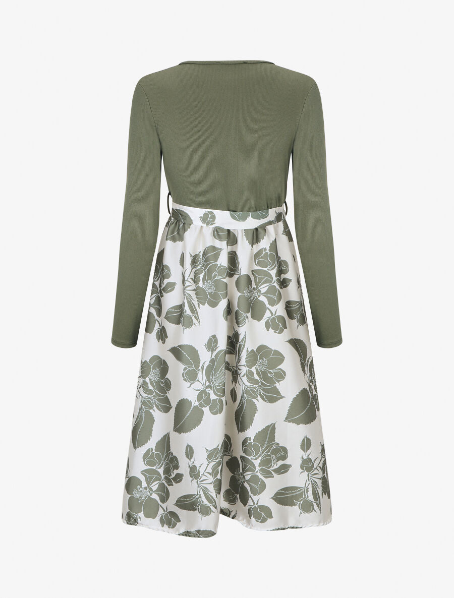 Robe mi-longue bi-matière imprimé grandes fleurs - Vert - 2