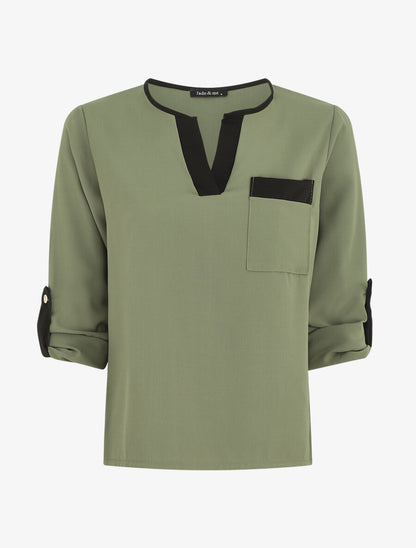 Blouse unie fluide à manches retroussables - Kaki - 5
